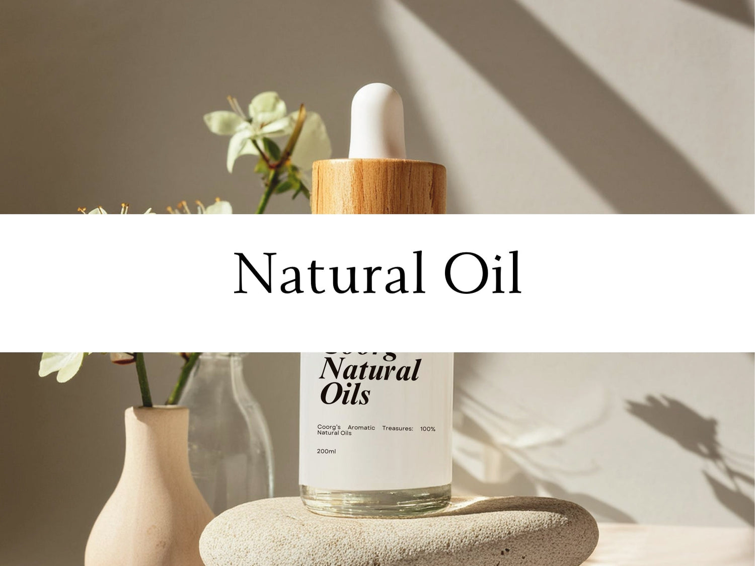 A bottle of coorg natural oil from coorgroots.shop surrounded by green leaves, symbolizing care and wellness in a serene setting.