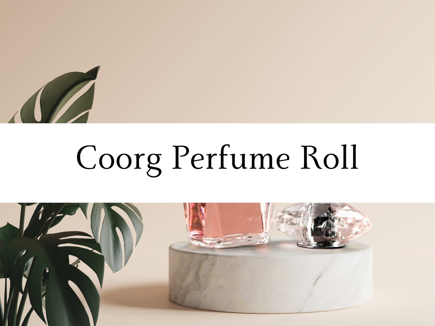 A bottle of perfume and a lush plant elegantly placed on a marble table, showcasing a refined aesthetic.