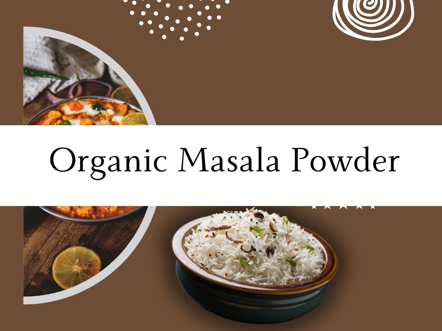 Organic masala powder displayed alongside a bowl of rice and fresh vegetables, highlighting its vibrant colors and textures.