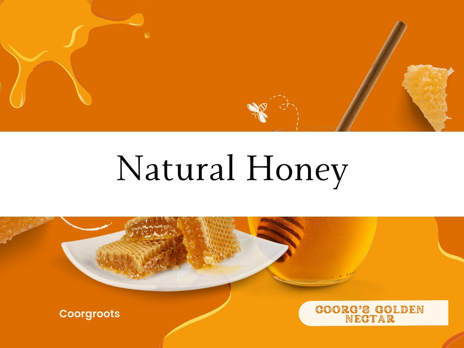 A jar of Coorg Natural Honey, showcasing its rich golden color and organic texture, surrounded by honeycomb and flowers.