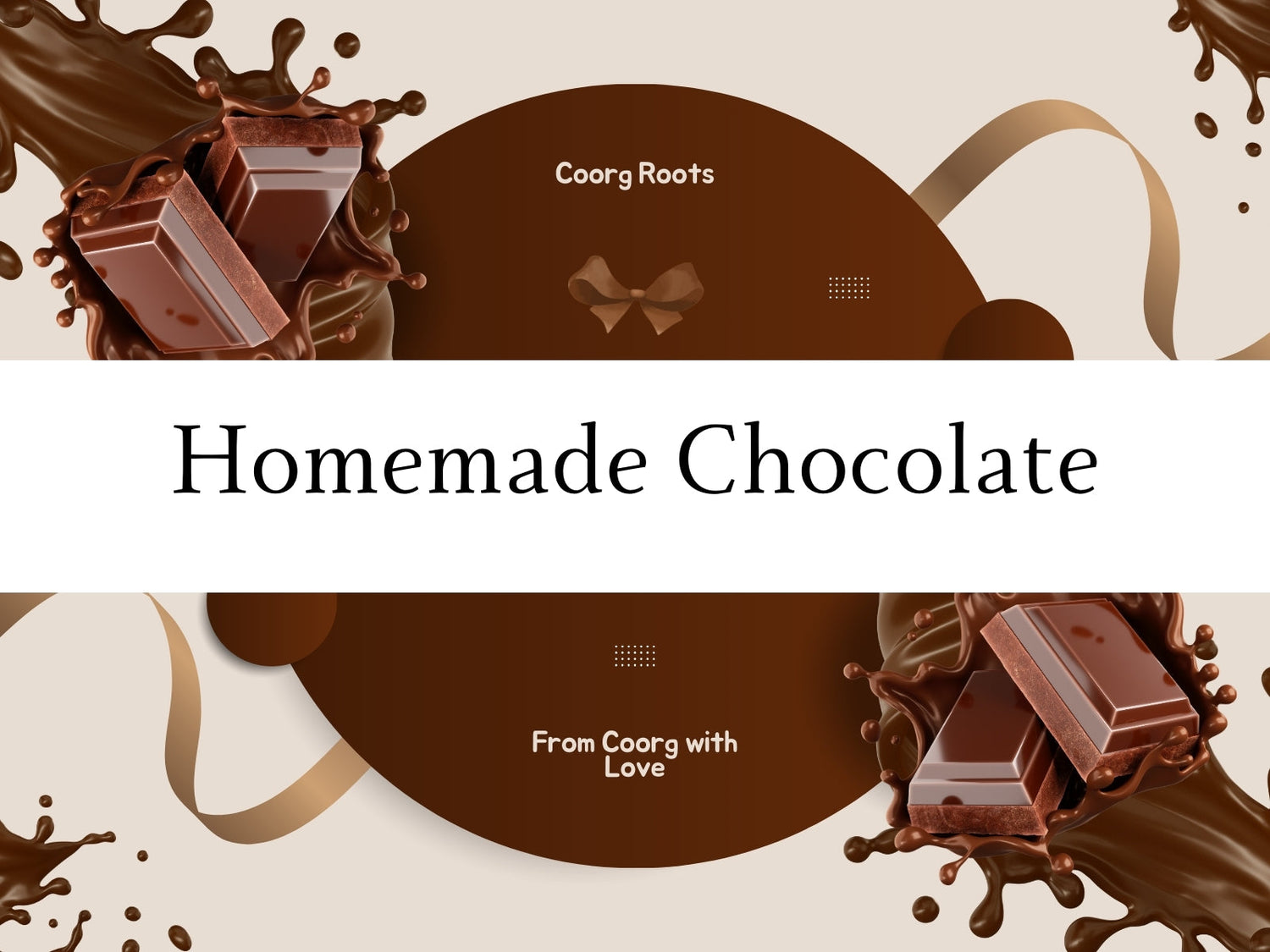 Coorg homemade chocolate bar surrounded by splashes of melted chocolate, showcasing its rich texture and indulgent appeal.