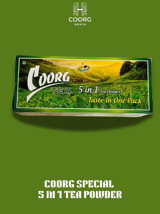 Coorg Special 5 in 1 Tea Powder packaging showcasing Coorg's unique blend of flavors and aromas in a convenient format.