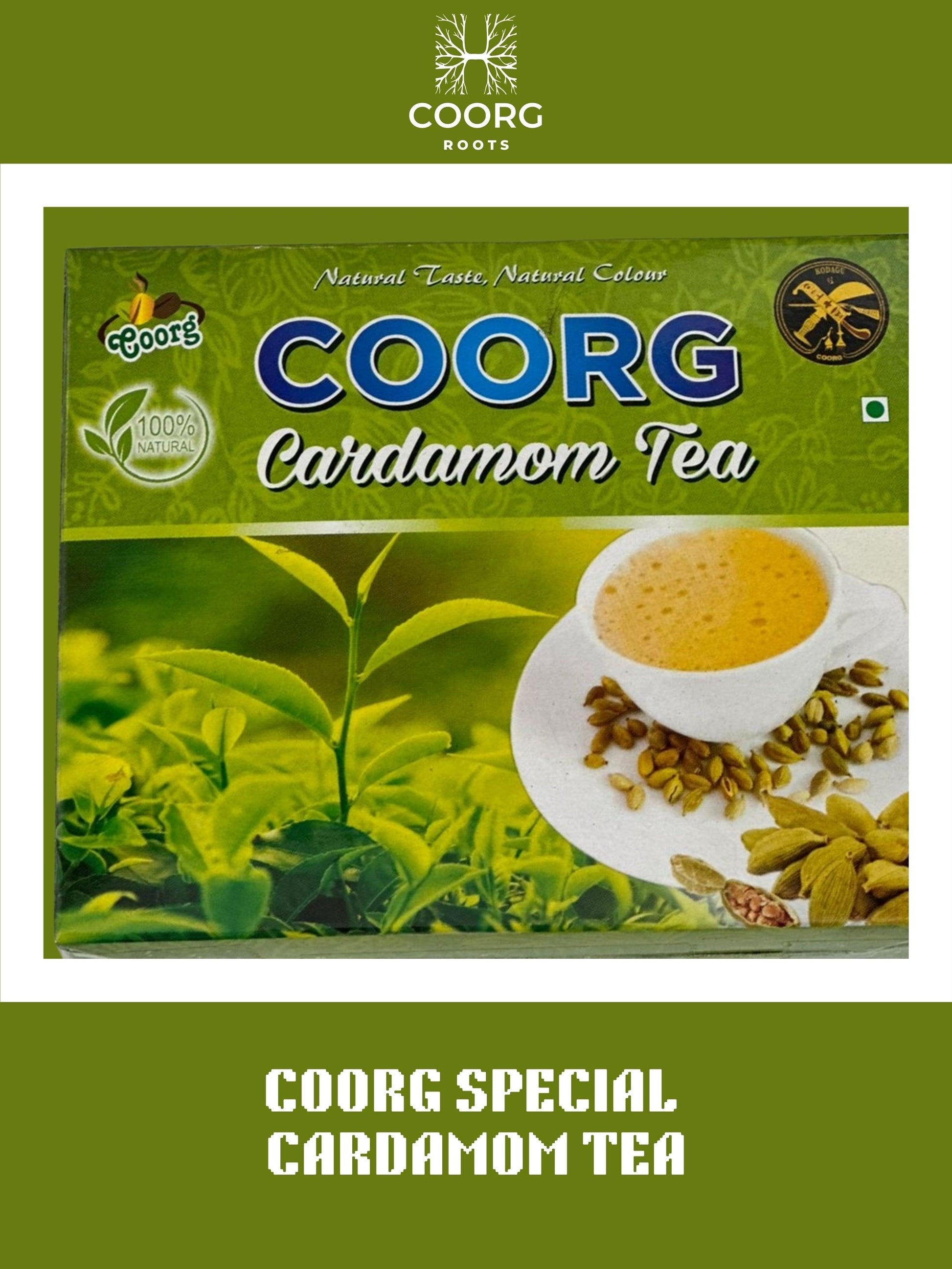 A 200 gms package of Coorg Cardamom Tea, showcasing its aromatic blend and vibrant packaging design.