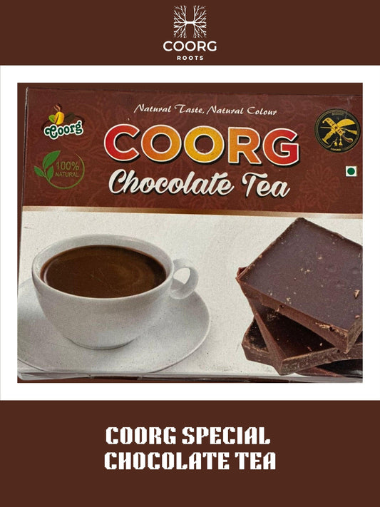 A cup of Coorg special chocolate tea, showcasing rich brown hues and a sprinkle of cocoa on top, inviting and aromatic