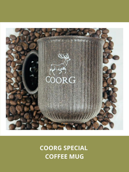 A Coorg special coffee mug showcasing unique design, crafted from premium coffee raw materials, perfect for coffee enthusiasts.