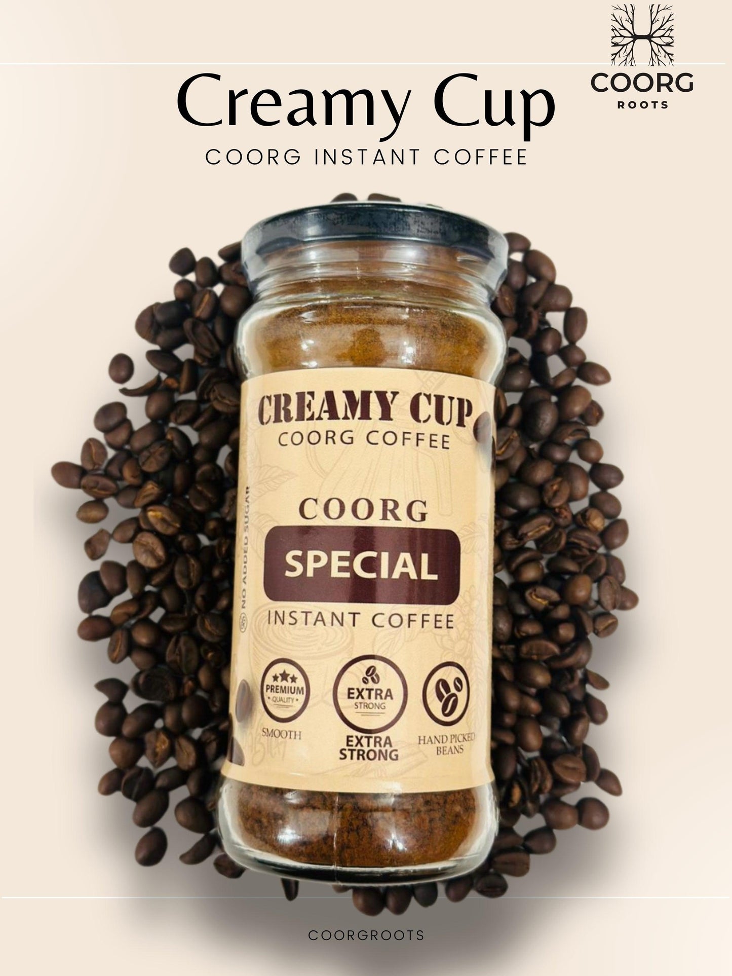 A creamy cup of Coorg Special Instant Coffee, showcasing its rich texture and inviting aroma. 