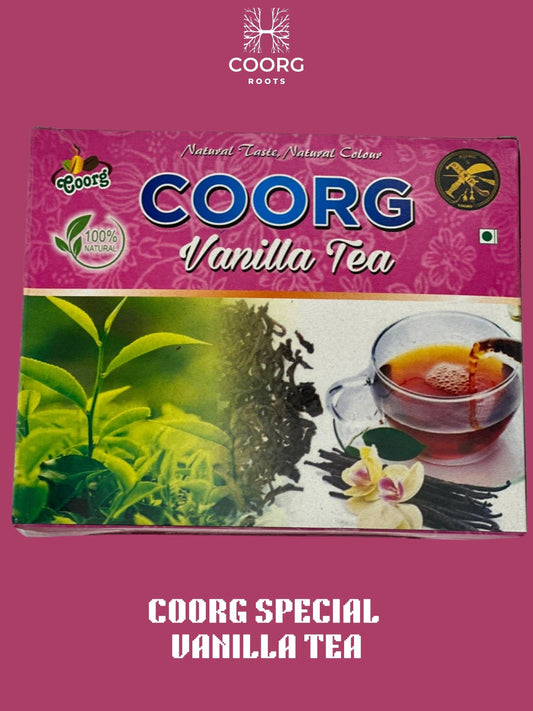 A steaming cup of Coorg special vanilla tea, showcasing its rich color and aromatic essence, perfect for a soothing experience.