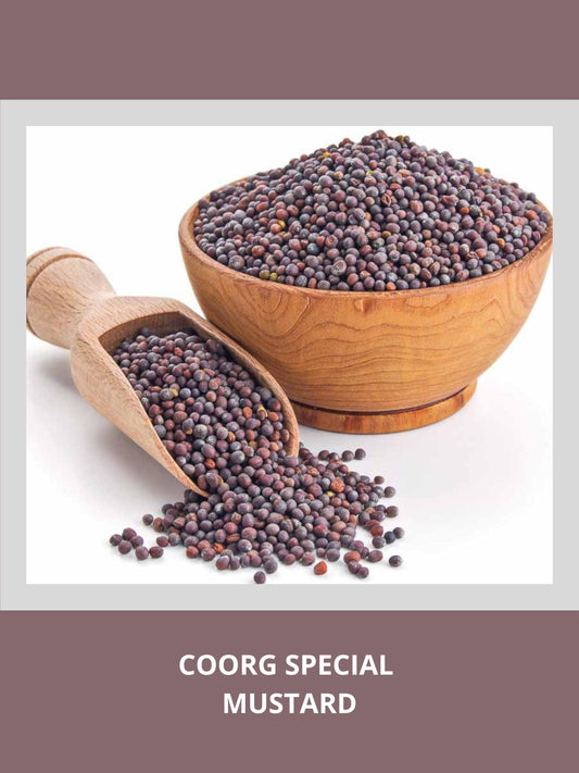 Coorg special mustard seeds displayed in a rustic bowl, showcasing their unique texture and vibrant color.