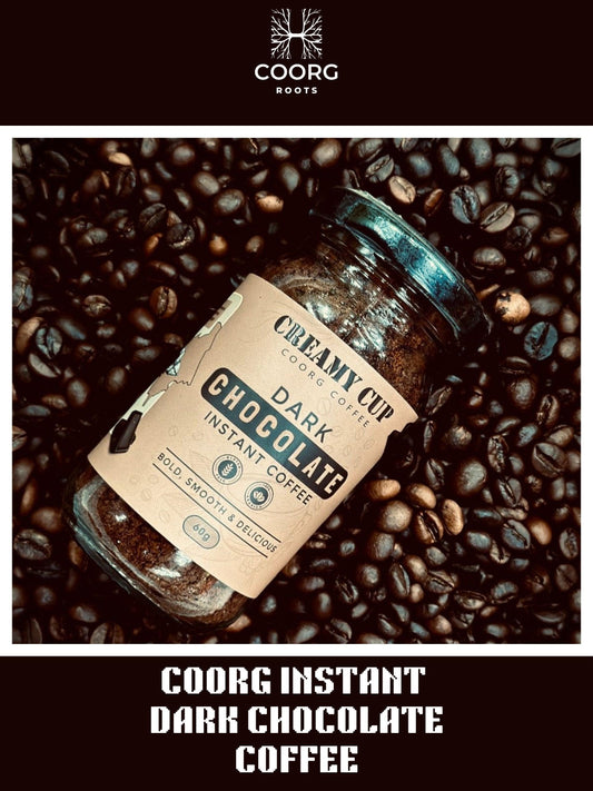 Dark chocolate coffee bottle from Coorg Roots website with coffee bean as its background.