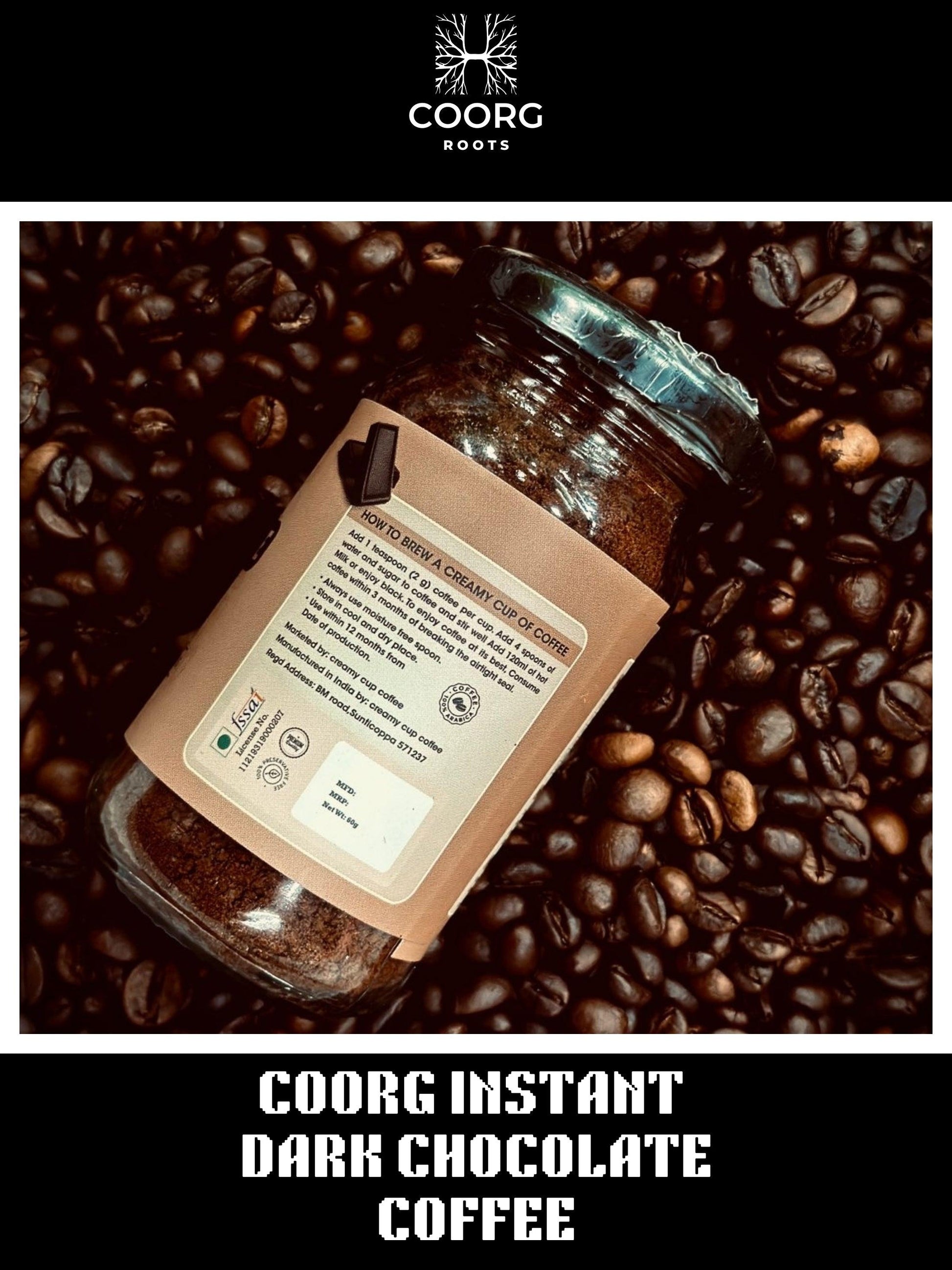 Dark chocolate coffee bottle from Coorg Roots website with coffee bean as its background.