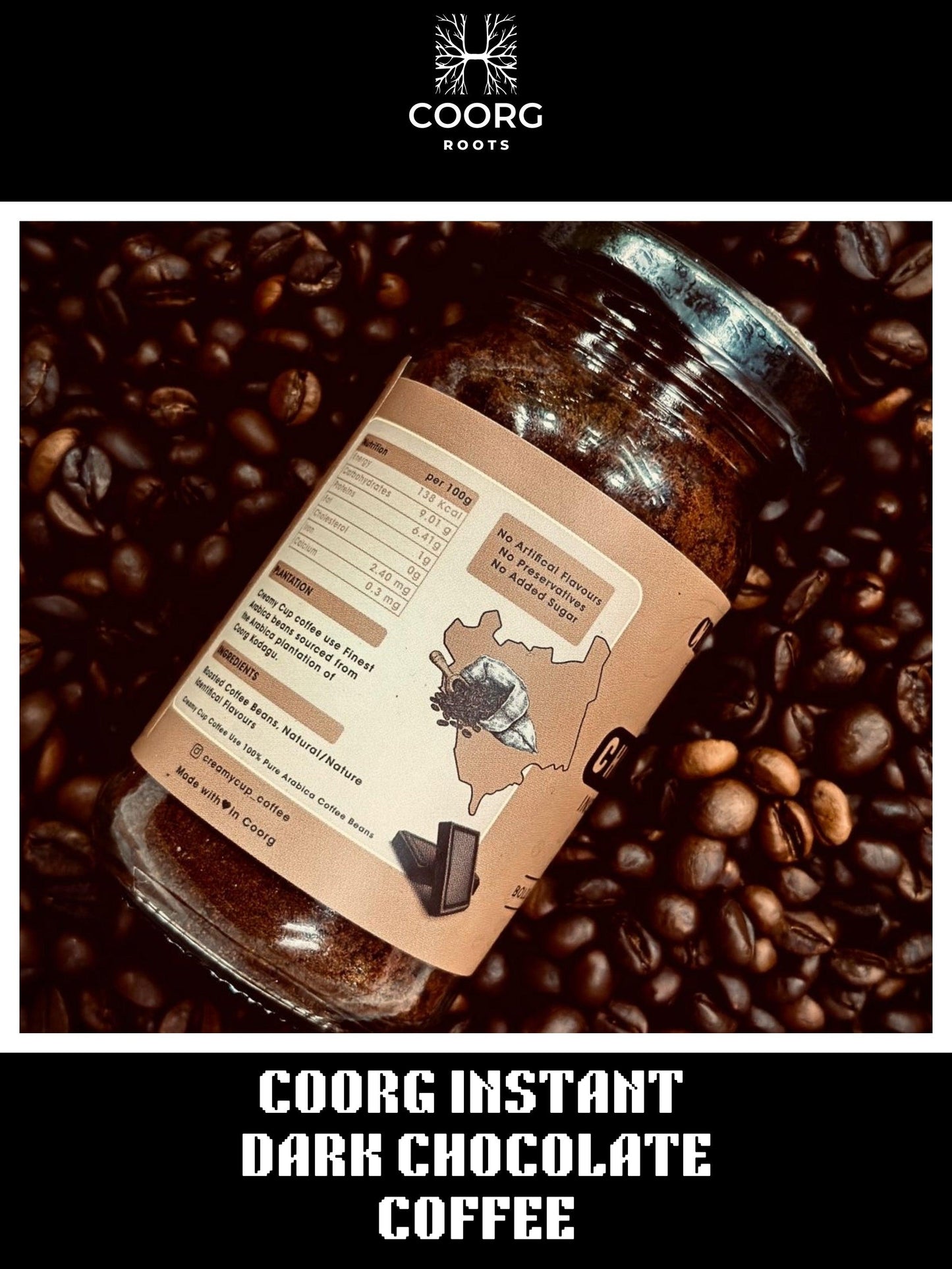 Dark chocolate coffee bottle from Coorg Roots website with coffee bean as its background