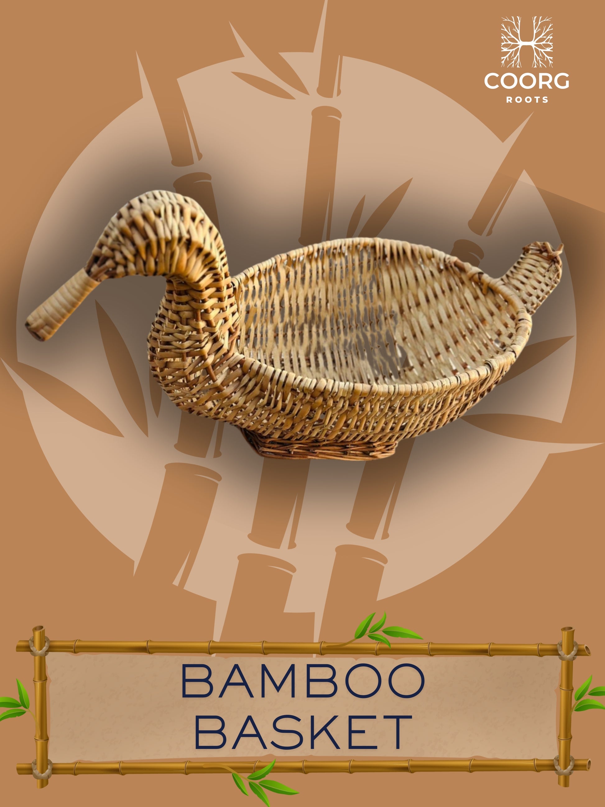 Duck-shaped bamboo basket with coorg roots logo