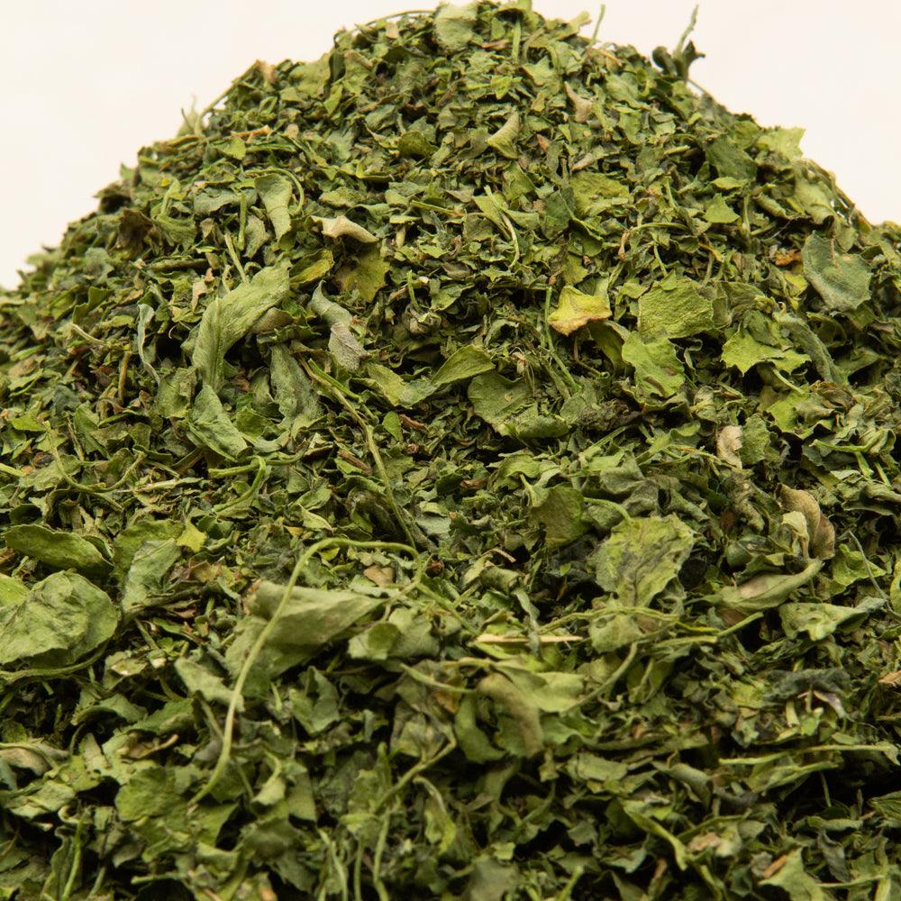 A pile of fresh green fenugreek herbs (Kasuri Methi) arranged on a clean white surface.